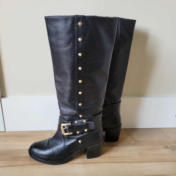Michael Kors Tall Chunky Heel Knee High Studded Black Leather Boots Size 7 - Picture 2 of 9